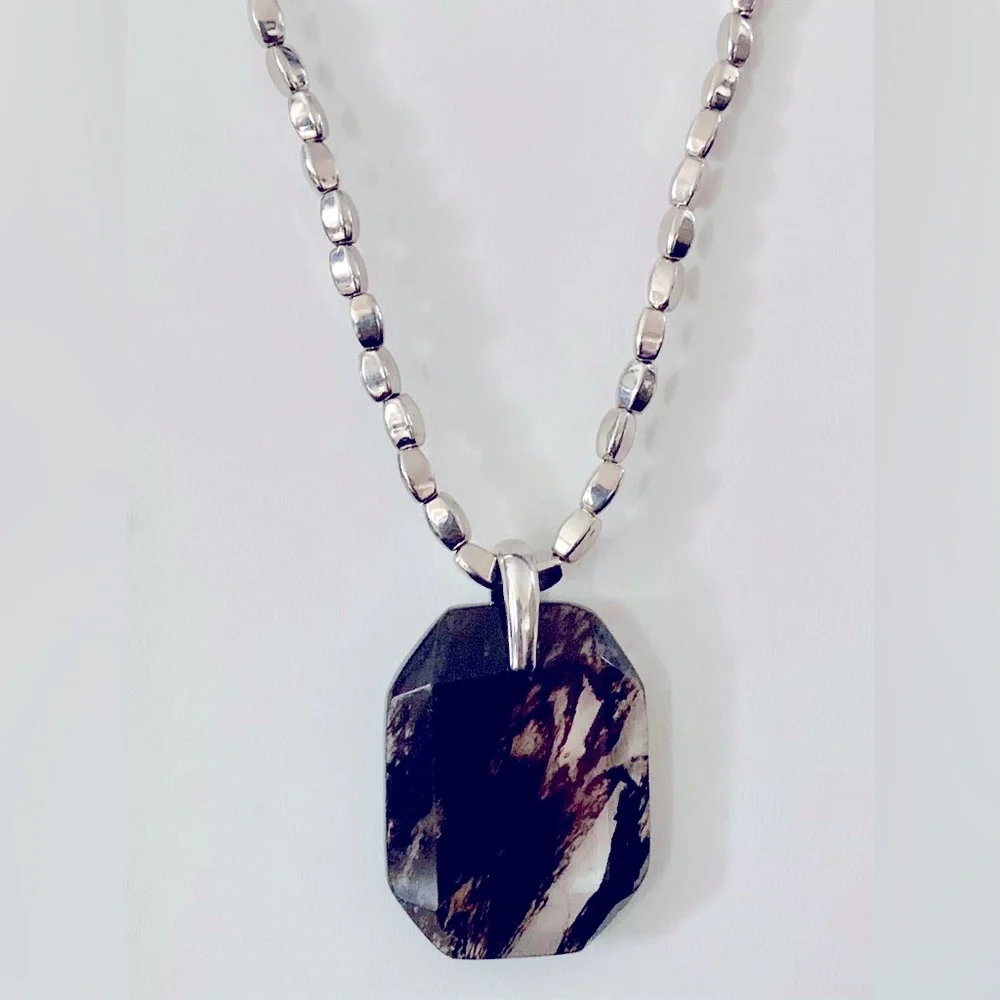 🤎 NWT Marbled Agate Pendant Necklace with Rectangular Beaded Enamel Chain - Picture 2 of 6